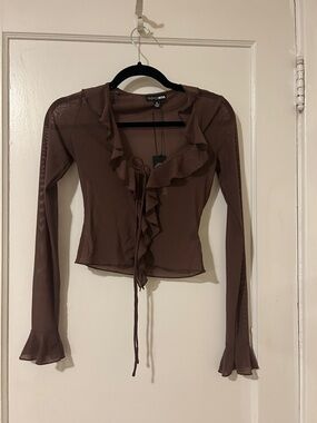 Fashion Nova Brown Ruffle Tie-Front Mesh Blouse